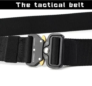 Close-up of tactical nylon belt with zinc alloy quick-release buckle and load ratings