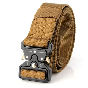 Detail of coyote brown nylon tactical belt with metal quick-release buckle and load ratings