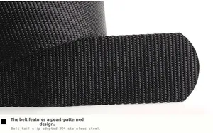 Detail of nylon tactical belt featuring bead pattern webbing and 304 stainless steel clip