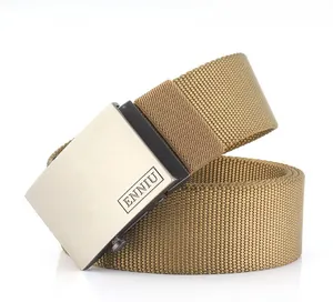 Detail of khaki tactical nylon belt showing woven texture and brushed metal buckle