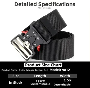 Size chart and technical specs for 5cm wide tactical nylon belt with quick release buckle
