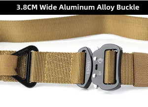 Detail of 3.8CM wide aluminum alloy buckle on khaki tactical nylon belt with branding