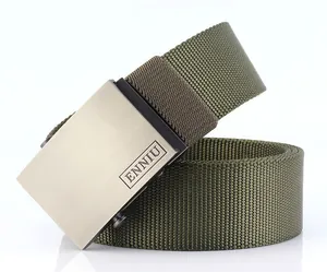 Detail of army green heavy-duty nylon tactical belt with brushed metal buckle design
