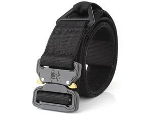Black tactical nylon belt detail with heavy duty metal quick release buckle and hanging ring