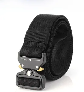 Detail of heavy-duty nylon tactical belt with metal quick-release buckle and 24KN rating