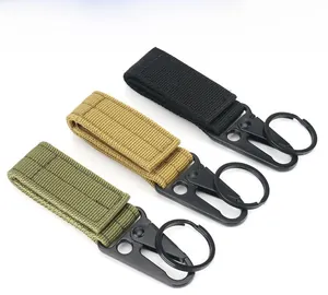 Tactical nylon webbing keychain hooks in black, khaki, and green colors with eagle beak buckles