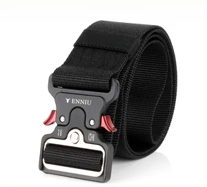 Close-up of black tactical nylon belt with durable quick-release zinc alloy buckle