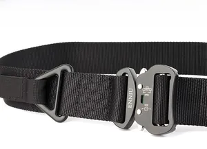 Detail of aircraft aluminum buckle with 18kN rating and D-ring on nylon tactical belt