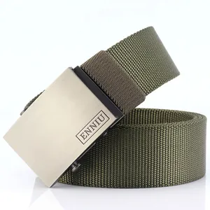 Close-up of olive green tactical nylon belt featuring a brushed metal buckle detail