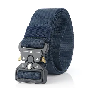 Close-up of navy blue nylon tactical belt with black heavy duty quick release metal buckle
