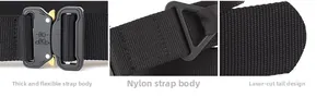 Close-up of tactical nylon belt featuring heavy duty metal quick release buckle and D-ring