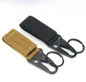 Detail of tactical nylon webbing keychains with black metal spring hooks and split rings