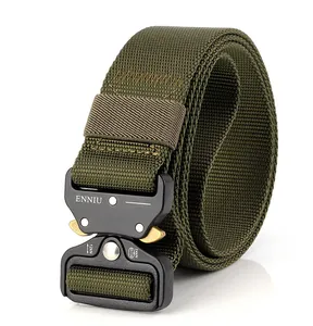 Close-up of olive green nylon belt with high-tensile quick release metal buckle details
