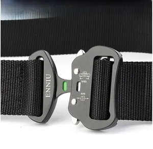 Close-up of matte black aviation aluminum buckle with high-strength nylon webbing strap