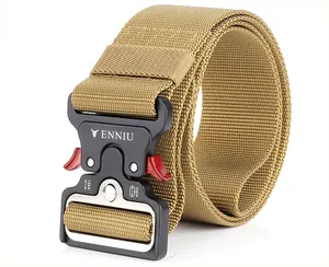Macro detail of military tactical nylon belt metal buckle with 12KN strength markings