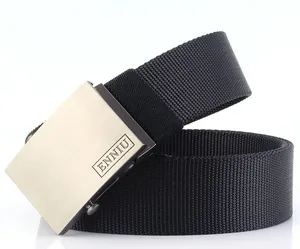 Close-up of black nylon tactical belt featuring a brushed silver metal buckle and branding
