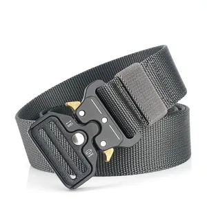 Detail of grey tactical belt showing metal quick-release buckle and 12kN load markings