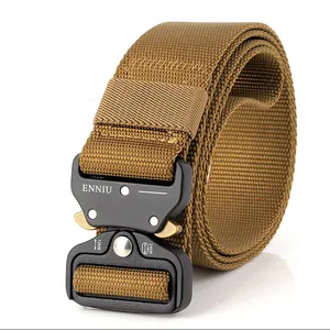 Detail of nylon tactical belt buckle showing quick-release alloy fastener and 12KN strength