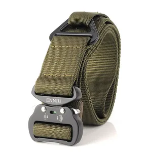 Close-up of military green tactical belt with metal buckle and technical specs