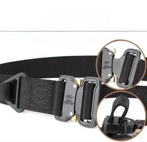 Detail of tactical nylon belt with metal quick release buckle and adjustable design
