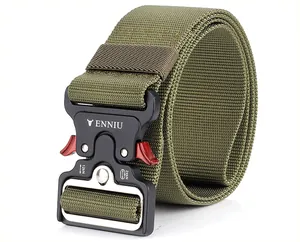 Macro shot of heavy-duty metal quick-release buckle on wide military tactical nylon belt