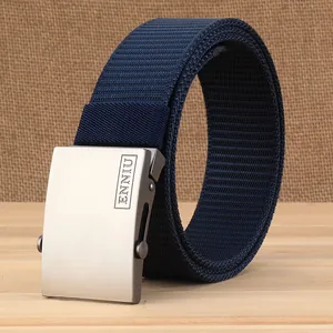 Thickened navy blue nylon woven belt with matte silver automatic buckle for casual wear