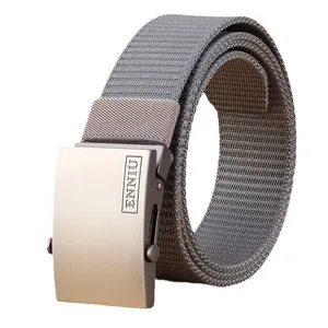 Gray nylon tactical belt for men with matte metal automatic buckle on white background
