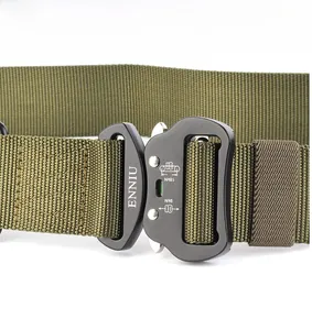 Detail of army green tactical nylon belt featuring heavy-duty 18KN black quick-release buckle