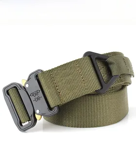 Detail of army green tactical nylon belt featuring heavy-duty black metal quick release buckle