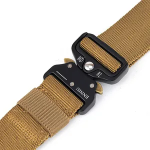 Close-up of tactical nylon belt with 24kN quick release metal buckle and brown webbing
