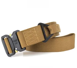 Quick-release metal buckle on khaki tactical nylon belt showing detailed operation guide