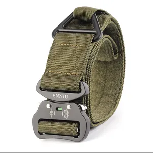 Detail of army green tactical belt with quick-release metal buckle and heavy-duty 9kN D-ring