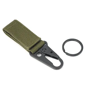 Army green tactical nylon webbing keychain with matte black eagle beak metal hook