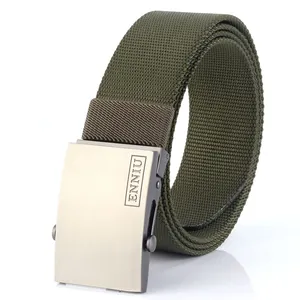 Army green tactical nylon belt with matte metal buckle and textured weave for men