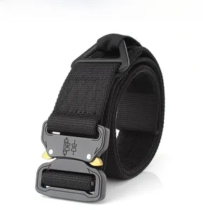 Detail of nylon tactical belt with quick-release buckle and metal hanging triangle ring