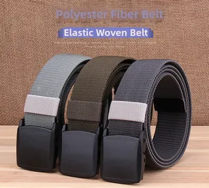 Close-up of elastic woven polyester belts in grey, army green and charcoal with YKK buckles