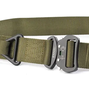 Macro view of 18kN tactical belt alloy buckle and durable army green nylon fiber texture
