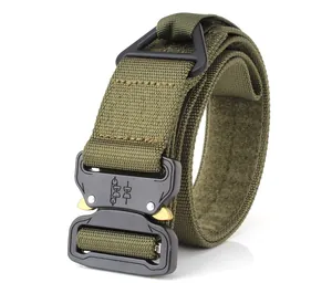 Detail of army green nylon tactical belt featuring black metal quick release buckle