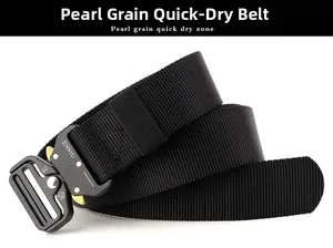 Macro shot of black quick-dry nylon tactical belt with 12kN quick-release metal buckle
