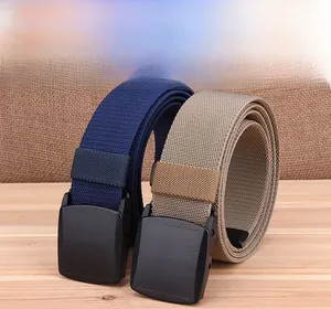Detail of woven elastic belts in navy and khaki with adjustable plastic buckle