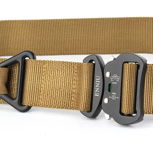 Macro detail of aviation aluminum buckle and heavy-duty nylon tactical rescue belt