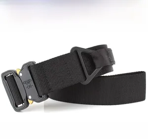 Tactical nylon belt detail showing quick-release zinc alloy buckle and sturdy hook attachment