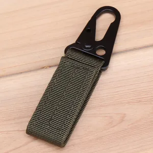 Close-up of army green tactical nylon webbing with black metal eagle beak clip hook