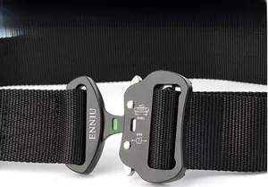 Close-up of tactical nylon belt with ENNIU aviation aluminum buckle and 18kN force marking