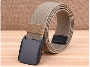 Detailed view of khaki braided nylon belt with black matte plastic YKK buckle and leather end