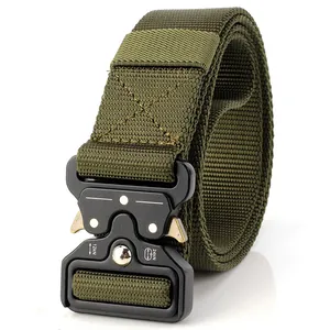 Close-up of military green tactical nylon belt with black heavy-duty 24KN metal buckle