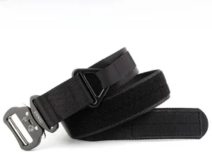 Detail of black nylon tactical belt featuring quick-dry pearl grain and metal buckle