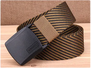 Detail of outdoor nylon web belt featuring a black buckle with a textured woven pattern