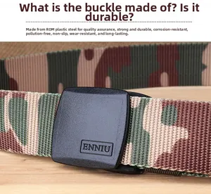 Detail of camouflaged nylon tactical belt with durable POM plastic buckle and logo