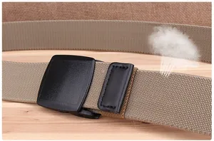 Breathable khaki woven nylon belt with matte black YKK buckle on wood surface